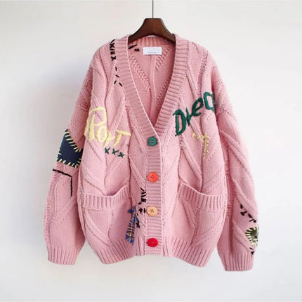 Women’s V-Neck Embroidered Patchwork Knit Cardigan