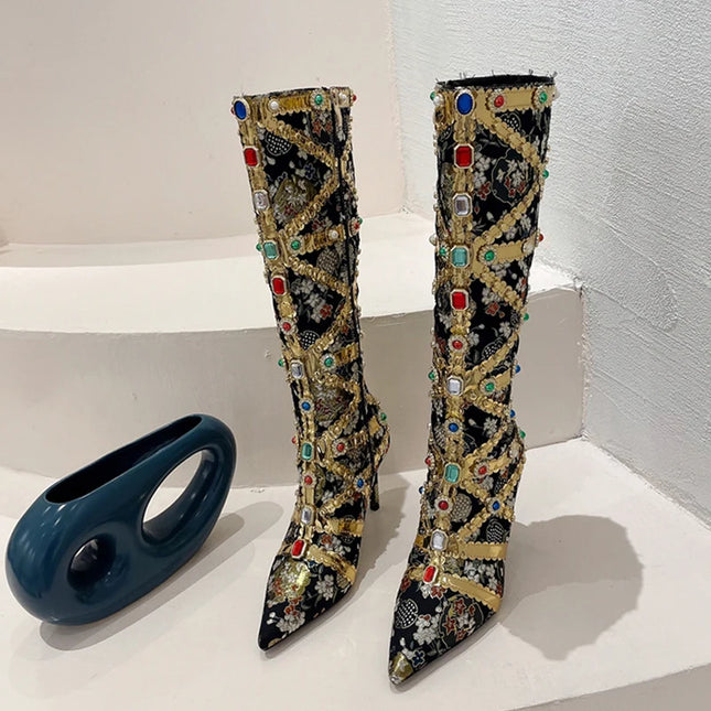 Liyke Women’s Gem-Embroidered Knee-High Pointed-Toe Boots