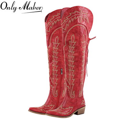 Onlymaker Women’s Red Thigh-High Embroidered Cowboy Boots