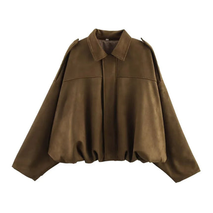 ETJ 2025 TRAF Suede Effect Loose Lapel Bomber Jacket