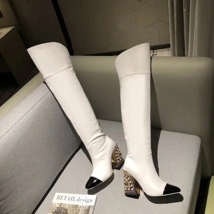 Rhinestone Cowhide Mid-Knee Heeled Boots