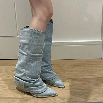 Women’s Blue Denim Thigh-High Cowboy Boots