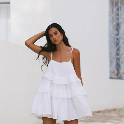 Wolfeel Classic White Cotton Mini Dress – Sexy Summer Ruffle