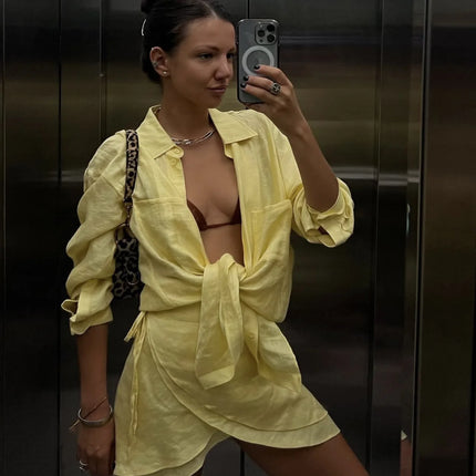 VEITCHE Linen Two-Piece Set – Long Sleeve Shirt & Mini Skirt Beachwear