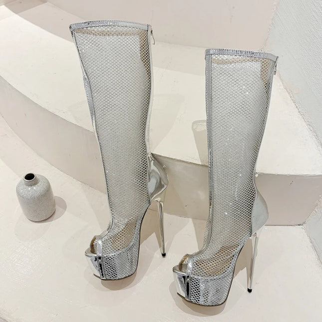 Liyke Women’s Gold Peep-Toe Mesh Platform Knee-High Boots