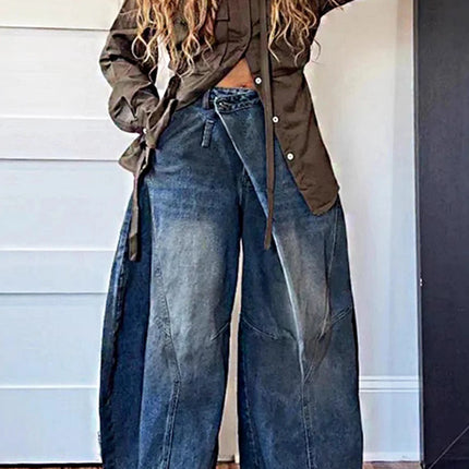 Women’s Loose High-Waist Asymmetric Button Washed Denim Jeans