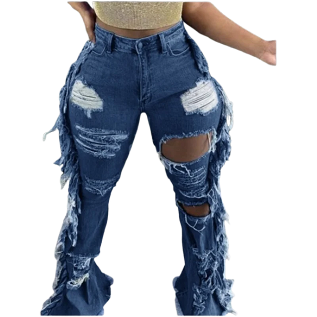 Women’s Blue Ripped Bell-Bottom Jeans