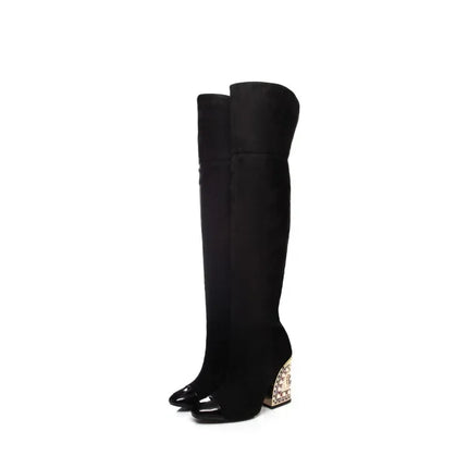 Rhinestone Cowhide Mid-Knee Heeled Boots