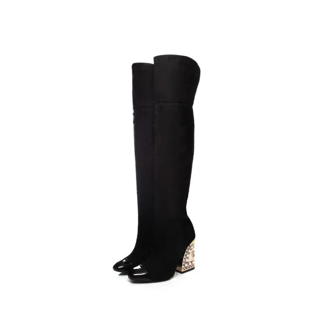 Rhinestone Cowhide Mid-Knee Heeled Boots