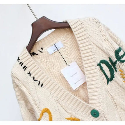 Women’s V-Neck Embroidered Patchwork Knit Cardigan