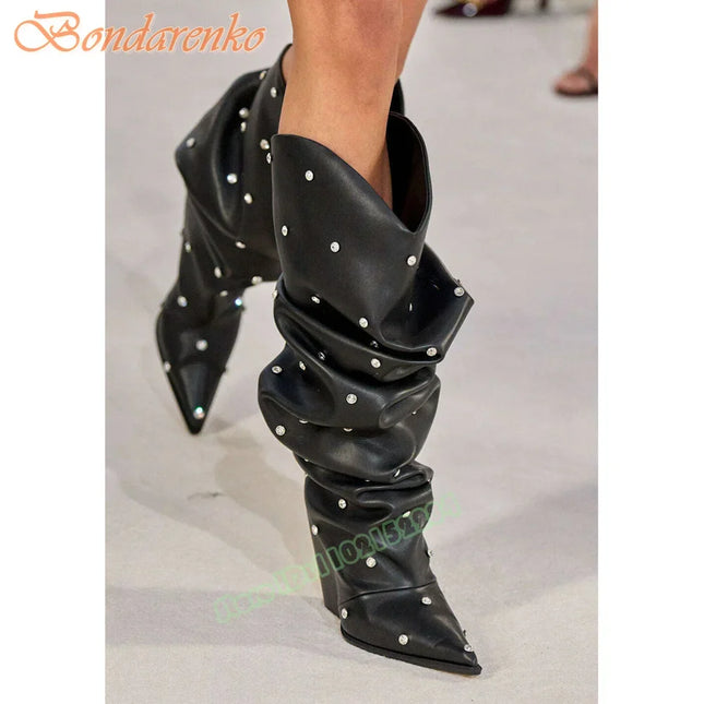 Women’s Crystal Pointed-Toe Pleated Knee-High Boots