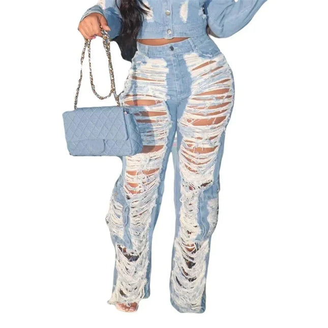 Women’s High-Waist Patchwork Hollow-Out Ripped Jeans