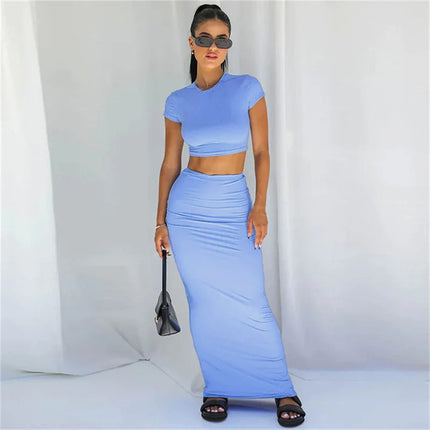 Slim Solid Two-Piece Set – Casual O-Neck Tee & Hip Skirt