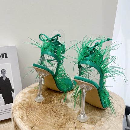 Eilyken Women’s Fuzzy Feather Transparent High-Heel Sandals