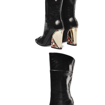 Rhinestone Cowhide Mid-Knee Heeled Boots