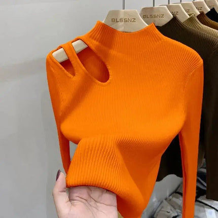 Women’s Hollow-Out Turtleneck Ribbed Knit Sweater