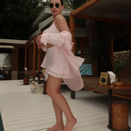 VEITCHE Linen Two-Piece Set – Long Sleeve Shirt & Mini Skirt Beachwear