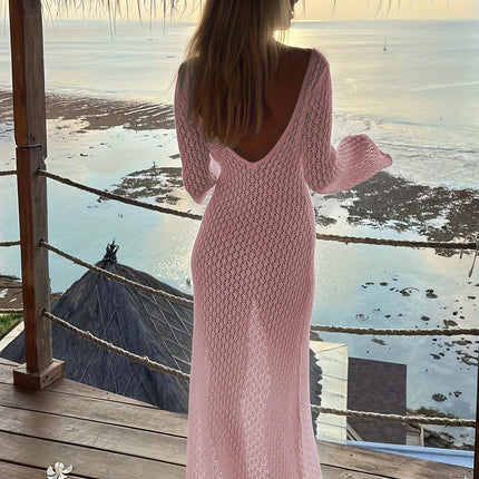 See-Through Deep V Knit Cover-Up – Sexy Backless Beach Dress