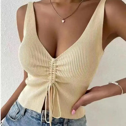 StretchFit – Summer Ribbed Drawstring V-Neck Crop Top