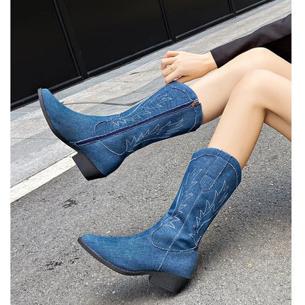2024 Blue Denim Mid-Calf Embroidered Cowboy Boots