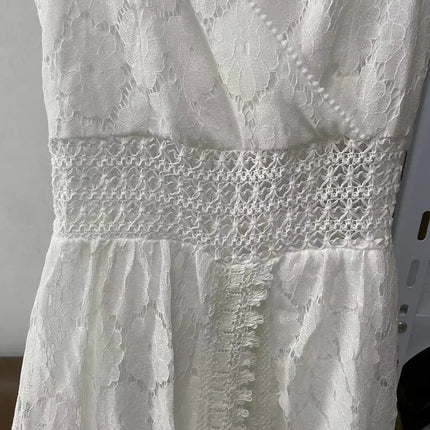 Lace Hollow V-Neck Romper – White Sleeveless Party Jumpsuit