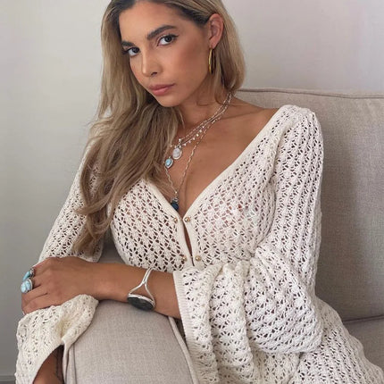 See-Through Deep V Knit Cover-Up – Sexy Backless Beach Dress