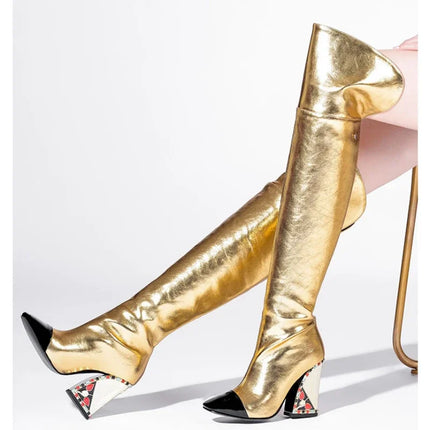 Rhinestone Cowhide Mid-Knee Heeled Boots