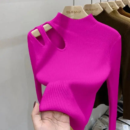Women’s Hollow-Out Turtleneck Ribbed Knit Sweater