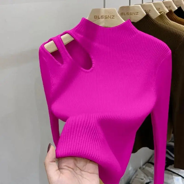Women’s Hollow-Out Turtleneck Ribbed Knit Sweater