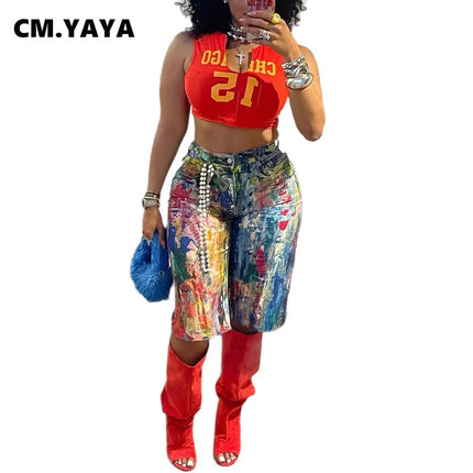 CM.YAYA Women’s Retro Graffiti Print Ripped Straight Denim Jeans