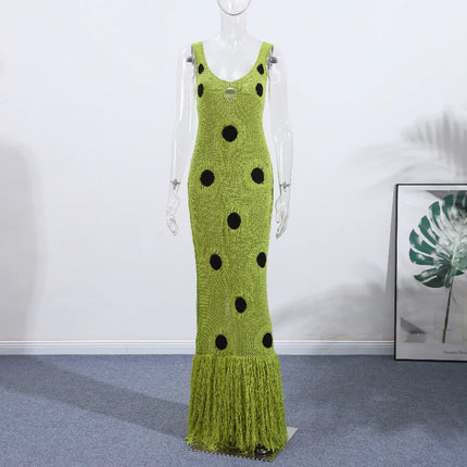 Women’s Hollow-Out Knitted Maxi Dress with Tassel Hem