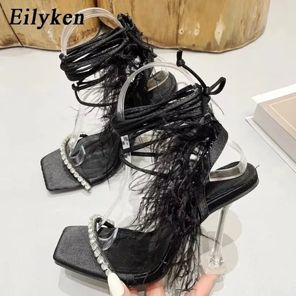Eilyken Women’s Fuzzy Feather Transparent High-Heel Sandals