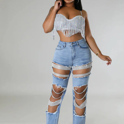 CM.YAYA Women’s Pearl Beaded Ripped Tassel Wide-Leg Jeans