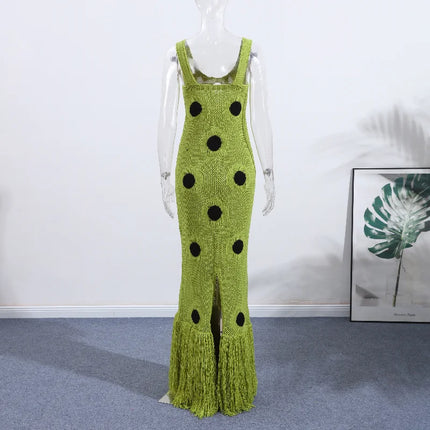 Women’s Hollow-Out Knitted Maxi Dress with Tassel Hem