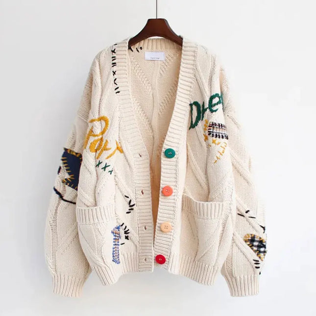 Women’s V-Neck Embroidered Patchwork Knit Cardigan