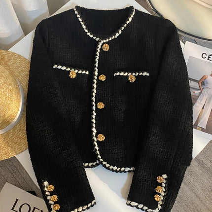MEXZT Vintage Tweed Cropped Jacket – Elegant Quilted Black Blazer