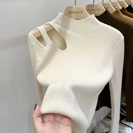 Women’s Hollow-Out Turtleneck Ribbed Knit Sweater