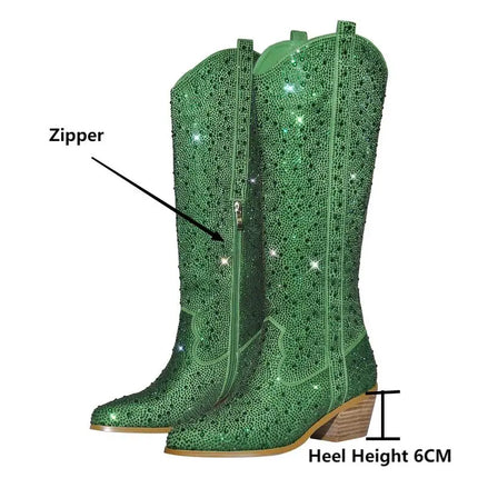 Onlymaker Women’s Rhinestone Green Knee-High Cowboy Boots