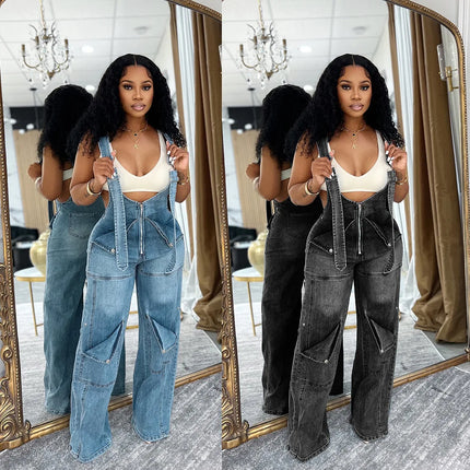 CM.YAYA Women’s Safari Style Wide-Leg Cargo Denim Overalls