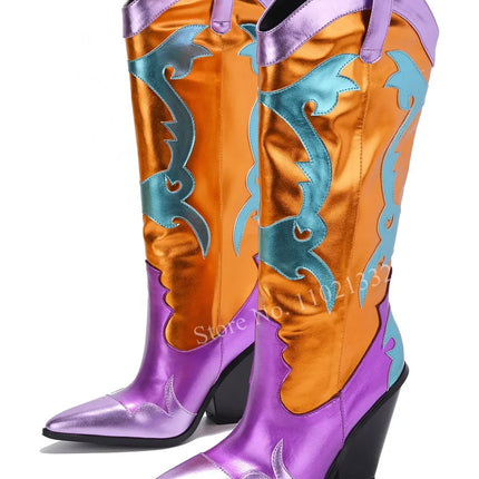 Women’s Retro Multicolor Mid-Calf Chunky Heel Boots