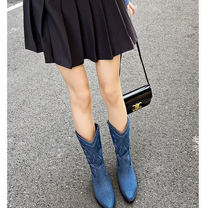 2024 Blue Denim Mid-Calf Embroidered Cowboy Boots