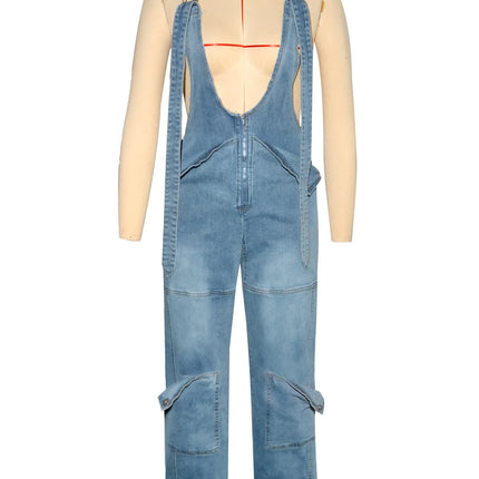 CM.YAYA Women’s Safari Style Wide-Leg Cargo Denim Overalls
