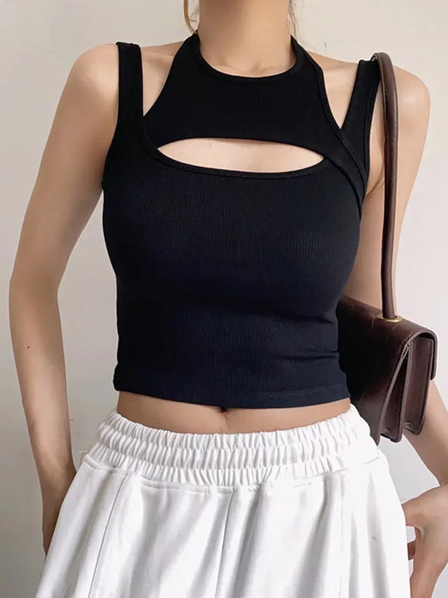 Y2K Hollow-Out Knit Corset Crop – Asymmetrical E-Girl Top