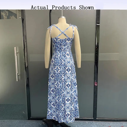 Wefads Retro Porcelain Print Maxi – Sexy Tie-Up Backless Dress