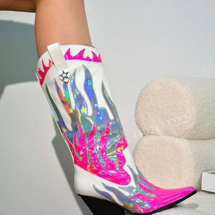 Women’s Retro Multicolor Mid-Calf Chunky Heel Boots