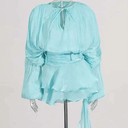 TWOTWINSTYLE V-Neck Mini Dress – Spliced Lace-Up Sweet Blouse