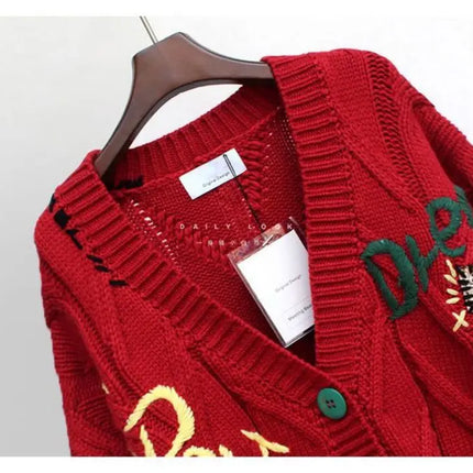 Women’s V-Neck Embroidered Patchwork Knit Cardigan
