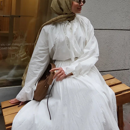 Ruffle Flare Sleeve Set – Lace-Up Shirt & Pleated High-Waist Skirt