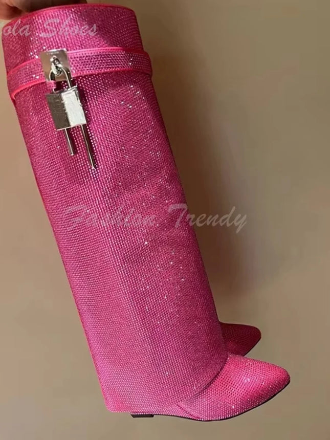 Women’s Pink Crystal Flat Knee-High Boots with Buckle & Zip