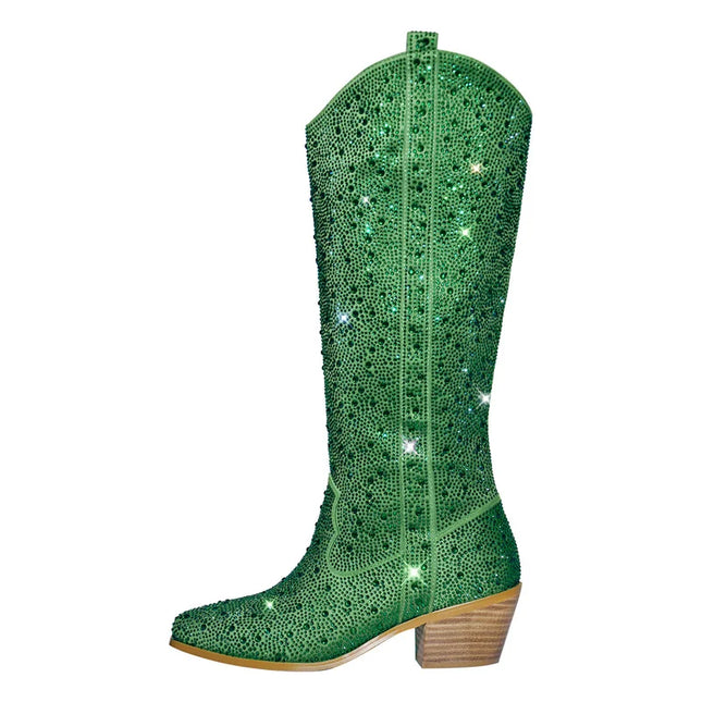 Onlymaker Women’s Rhinestone Green Knee-High Cowboy Boots
